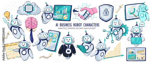 AI business robot characters set with charts, shield, handshake, tablet, chatbot and cloud icons. Business analytics and support scenes in AI business robot characters, cartoon vector illustration.