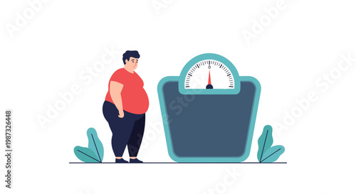 Sad man with a large belly stands next to a giant weighing scale reflecting on his difficult weight loss journey.