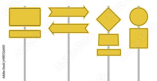 Set of yellow road signs. Blank yellow road sign boards in different shapes on metal poles traffic warning template realistic vector.