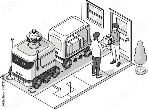Isometric Line Art Illustration of Autonomous Delivery Robot and Package Handover at a Residential Door, Future Logistics and Last Mile Automation Concept