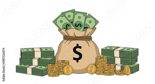 Large burlap sack of money is surrounded by stacks of green bills and gold coins representing wealth and financial success.