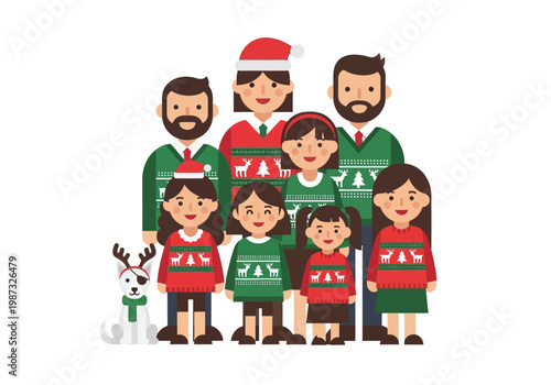Happy Large Family in Matching Ugly Christmas Sweaters and Santa Hats with Pet Dog Vector Illustration. Festive Holiday Group Portrait Isolated on White Background.