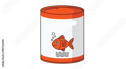 Metal tin can features a white label with a fish illustration representing various canned seafood products for sale.