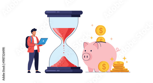 Student with a laptop stands between a large hourglass and a pink piggy bank symbolizing time and money management.
