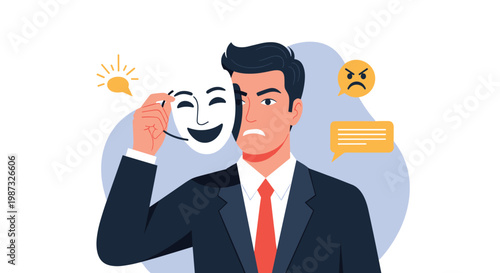 Professional man in a suit removes a happy white mask to reveal an angry facial expression and hidden emotions underneath.