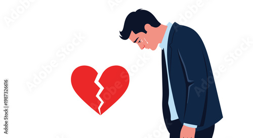 Sad businessman crying next to broken heart symbol representing relationship breakup or deep emotional pain and loneliness.