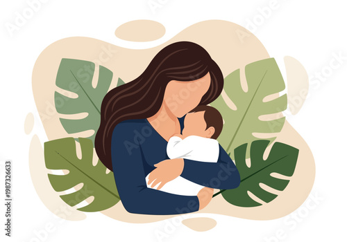 Flat Vector Illustration of a Mother Breastfeeding Her Newborn Baby with Tropical Leaves Background