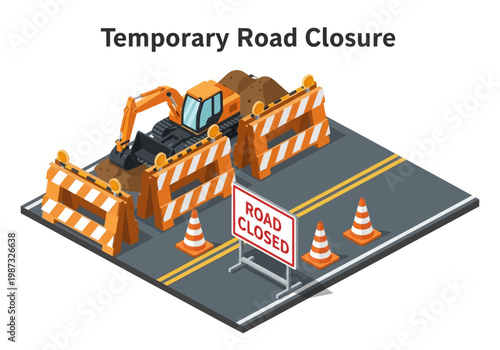 Isometric vector illustration of temporary road closure with construction equipment and safety barriers