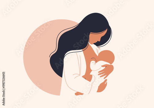 Minimalist Flat Illustration of a Mother Breastfeeding her Newborn Baby, Concept of Lactation, Motherhood, and Maternal Bond