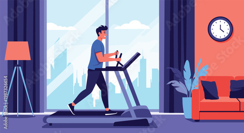 Active young man exercising on treadmill at home in living room for fitness and healthy lifestyle during daily routine.