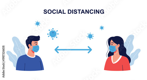 People wearing medical face masks maintaining safe social distance from each other to prevent spread of coronavirus infection.