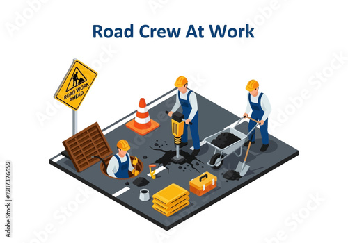 Isometric Vector Illustration of a Road Crew At Work, Featuring Construction Workers with Jackhammer and Wheelbarrow