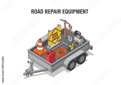 Vector isometric illustration of road repair equipment loaded on a trailer