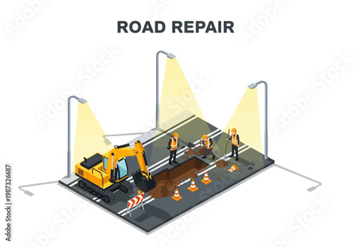 Isometric vector illustration of road repair with excavator and construction workers, urban infrastructure maintenance