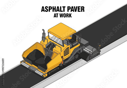 Isometric vector illustration of an asphalt paver machine working on a road construction project