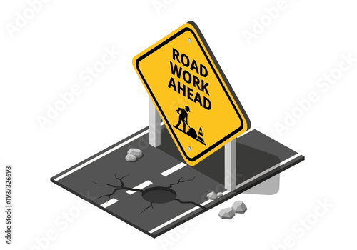 Isometric vector illustration of a road work ahead sign with a pothole in the road