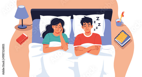 Unhappy couple lying in bed looking sad and frustrated due to relationship problems or insomnia and lack of communication.