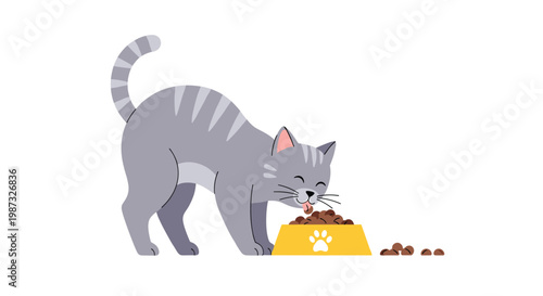 Cute grey striped cat eating dry pet food from yellow bowl with paw print symbol against white background for animal care concept.