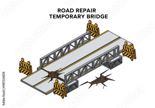 Vector isometric illustration of a road repair with a temporary bridge, symbolizing infrastructure development and emergency solutions