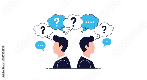 Concept of misunderstanding or confusion between two people with question marks in speech bubbles facing away from each other.