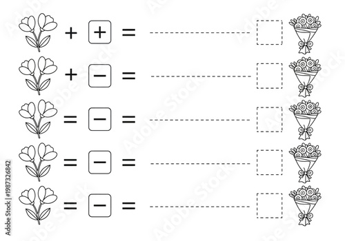 Math logic puzzle worksheet for kids with floral theme and coloring elements, addition and subtraction symbols