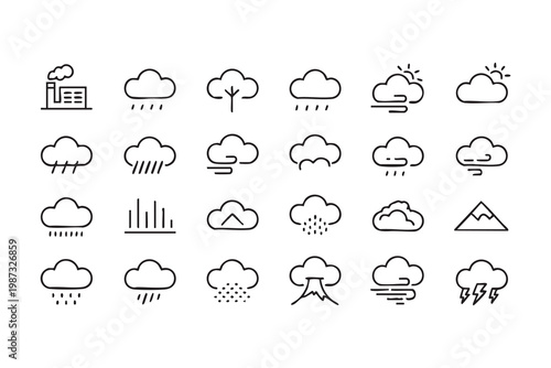 Climate and weather icon set with cloud, sun, storm, and precipitation symbols for meteorology visuals