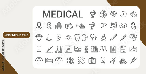 Medecine line icons set. Medical and Health outline 47 icons collection. Doctor, medical card, diagnostic, pharmacy, ambulance, internal organs, sense organs, cardiogram - stock vector.