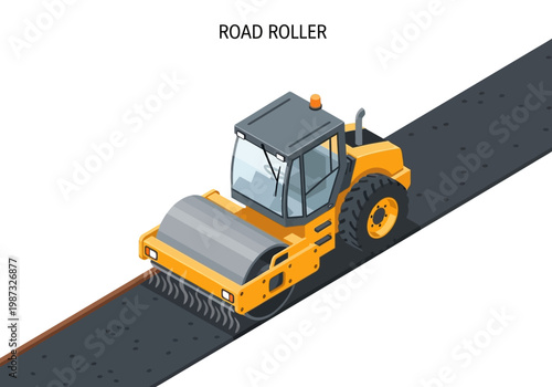 Isometric vector illustration of a yellow road roller compacting asphalt on a construction site