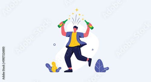 Energetic man dancing and celebrating with two beer bottles in his hands during fun party or festival event.