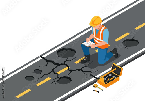Isometric vector illustration of a road inspector examining potholes and cracks on a street, with a toolbox nearby