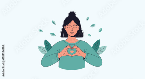 Calm young woman closing her eyes and making heart shape gesture with her hands to show love and inner peace.