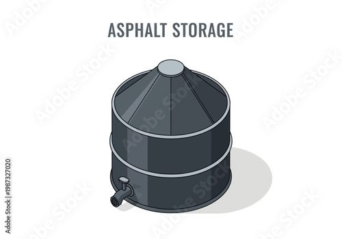Isometric vector illustration of an asphalt storage tank with a faucet for industrial use