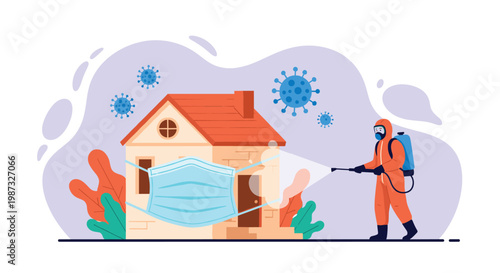 Professional worker in protective hazmat suit spraying disinfectant on house to kill viruses and maintain public health safety.