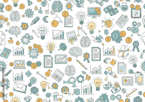 Seamless Business and Innovation Icons Pattern: Creative Strategy, Finance, and Technology Doodles Background