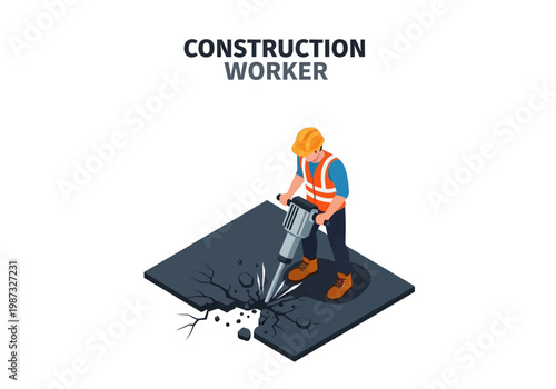 Isometric vector illustration of a construction worker operating a jackhammer on cracked asphalt, concept for construction and repair