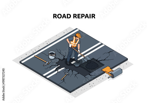 Isometric vector illustration of a road repair worker fixing a pothole with tools and equipment, street maintenance concept