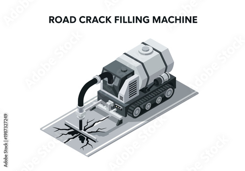 Vector isometric illustration of a road crack filling machine repairing pavement on a street