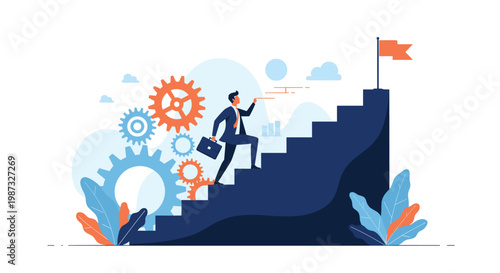 Determined businessman climbing up the stairs towards the flag on top representing career growth and business goal achievement.