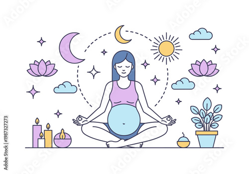 Pregnant Woman Meditating in Lotus Pose Illustration for Prenatal Yoga, Wellness, and Spiritual Balance Concept with Celestial Elements and Zen Symbols