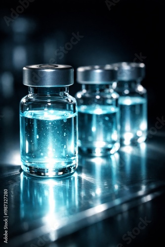 Vaccine vials on reflective surface with blue liquid medical vaccine bottles in lab setting