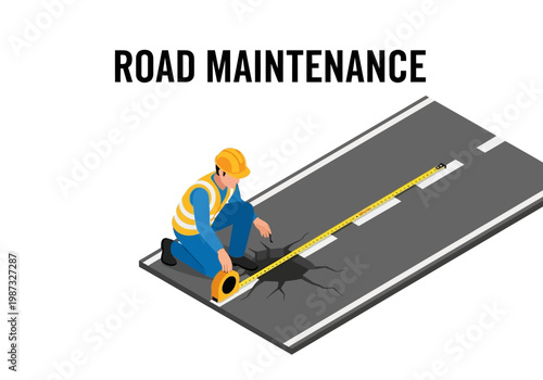 Isometric Vector Illustration of Road Maintenance Measuring a Pothole on Asphalt Road