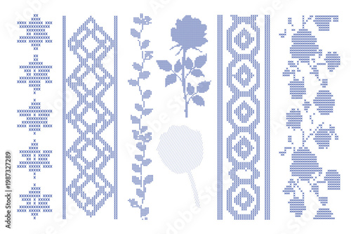Set of blue crossstitch embroidery patterns