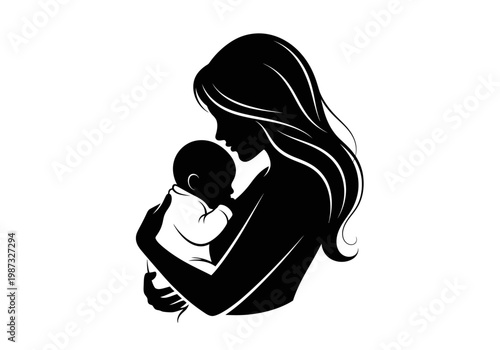 Minimalist Silhouette Illustration of a Mother Cradling Her Newborn Baby, Symbolizing Maternal Love and Bonding