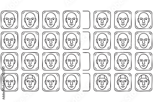 Face recognition biometric icon set with facial scan and authentication symbols for security and AI technology
