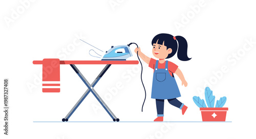 Little girl playing with dangerous hot electric iron on ironing board representing home accident risk and child safety hazard.