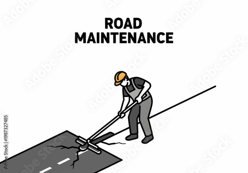 Vector isometric illustration of a construction worker repairing a cracked road