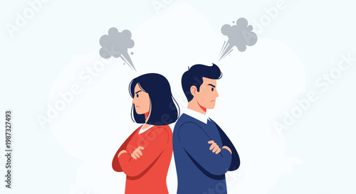 Angry couple standing back to back with crossed arms after a heated argument representing relationship conflict and lack of communication.