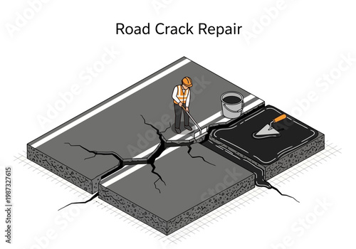 Isometric vector illustration of a road crack repair worker using sealant on asphalt surface