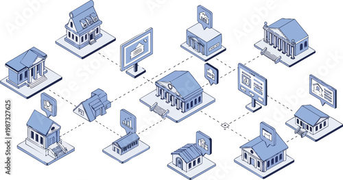 Isometric Fintech Network Illustration of a Global Digital Banking Ecosystem and Smart City Infrastructure in Blue and White Line Art