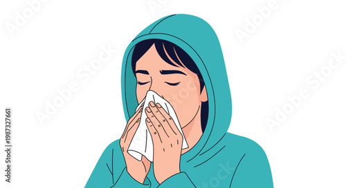 Sick young woman wearing a hoodie and sneezing into a paper tissue because of flu virus or seasonal allergy symptoms.